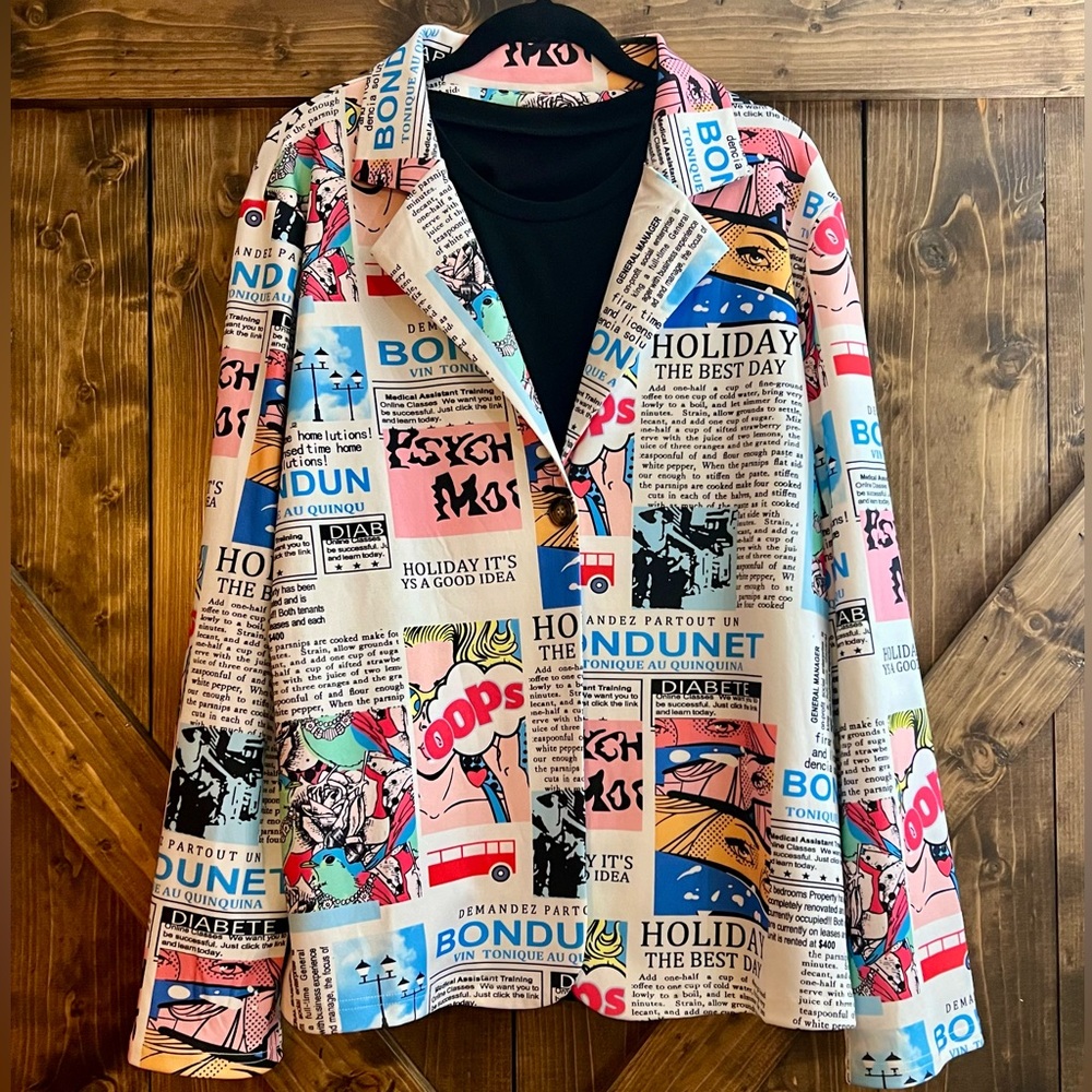 NWOT Unbranded Comic Print Multicolor Polyester Spandex Stretch Jacket Women XL